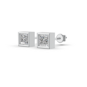 Princess Cut Real Moissanite Bezel Set Solitaire Stud Earrings Screw Back 14K Gold Plated